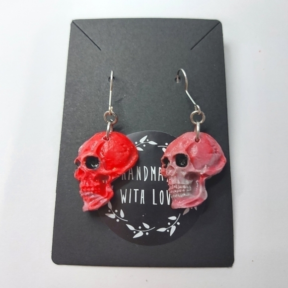 Handcrafted Clay Skull Earrings - Picture 2 of 2
